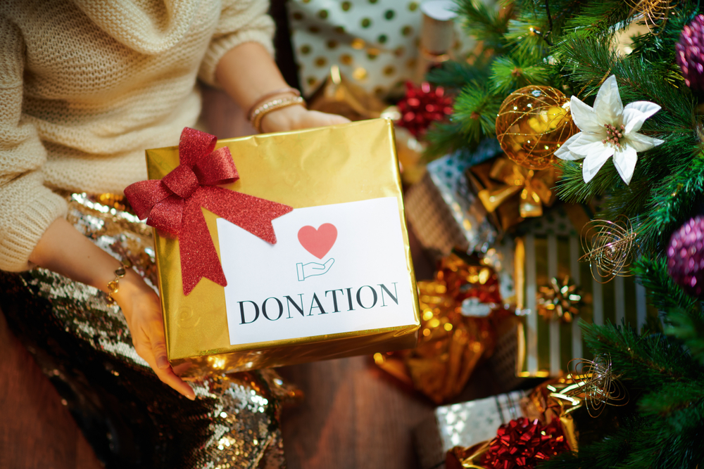 A person in a cozy sweater holds a beautifully wrapped gold gift with a red bow. The card, labeled "DONATION" with a heart and hand icon, hints at supporting a local veterinarian clinic. It sits near a decorated Christmas tree adorned with ornaments and lights.