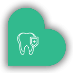 Green heart icon featuring a white tooth and a small shield symbol inside, subtly evoking the trusted care one expects not only in dental protection but also akin to the thorough attention provided by a dedicated veterinarian.